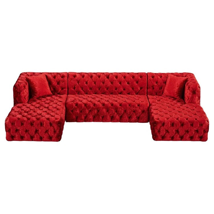 U Shaped Sofas Button Red Velvet Tufted Sectional Salon Sofa Set With Two Chaise