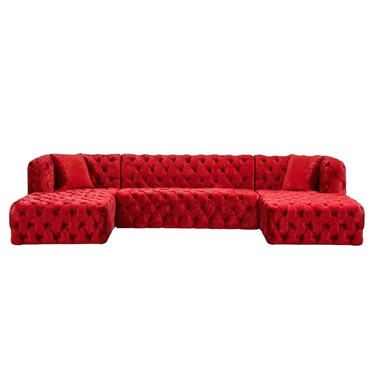 Sofá seccional copetudo del terciopelo rojo del botón de los sofás en forma de U fijado con dos chaise 
