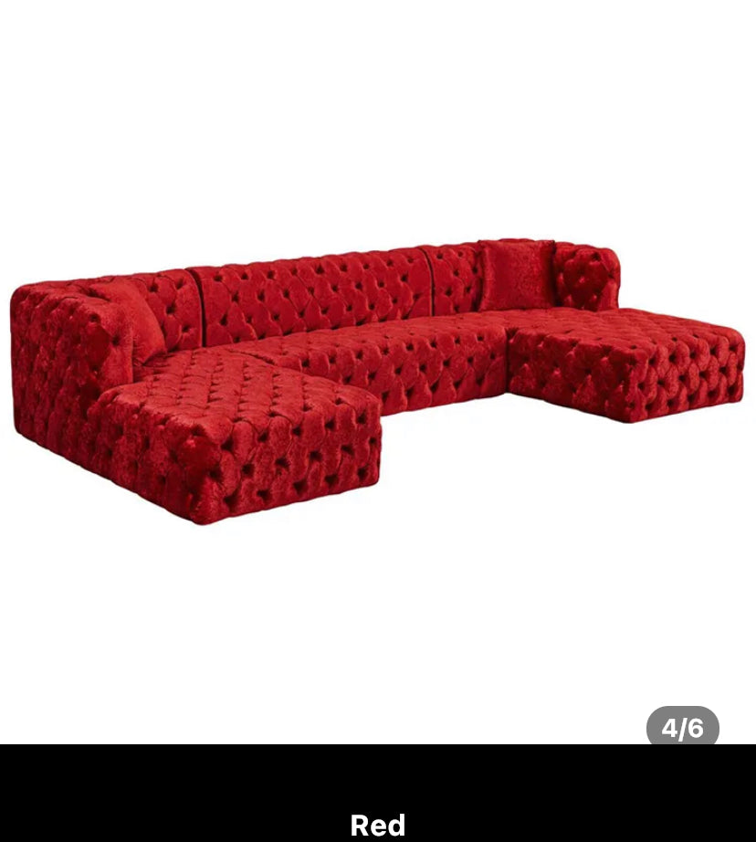 Les canapés en forme de U boutonnent le velours rouge capitonné ensemble de canapé sectionnel de salon avec deux méridiennes 