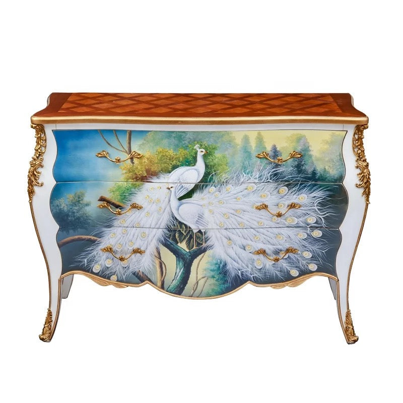 Cabinet Hand Painting French Countryside Style Peacock Pattern Furniture Cabinet