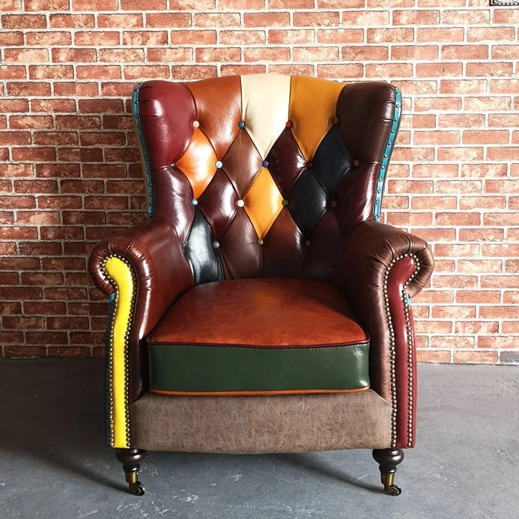 1 Seater Retro Vintage Patchwork American Multicolor Leather Cigar Chair
