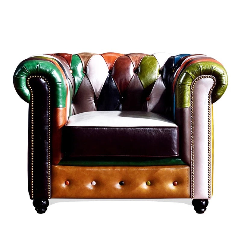 1 Seater Retro Vintage Patchwork American Multicolor Leather Cigar Chair
