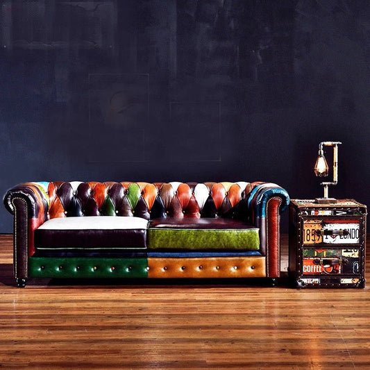 3 Seater Sofa Set Retro Vintage Patchwork American Multicolor Leather Sofas