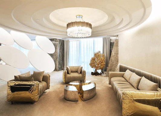 Sofá Conjunto de sofás Villa clásica Muebles de alta calidad Sofá de cuero genuino de lujo italiano dorado 