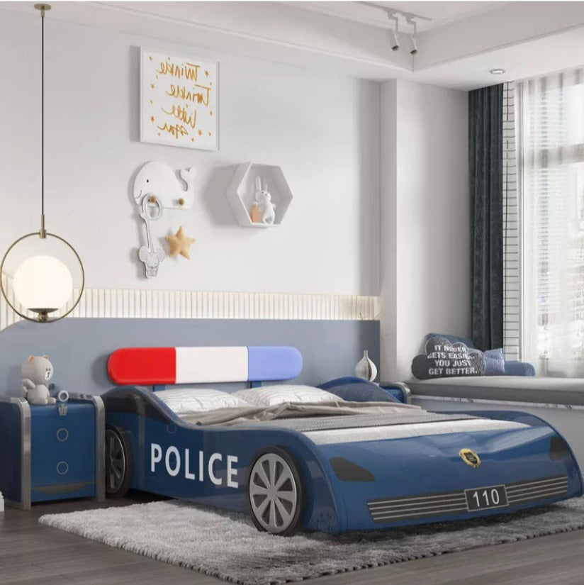 Ensemble de lits pour enfants en forme de voiture de Police bleue, lits pour enfants, taille double, bois massif, voiture Kinder 