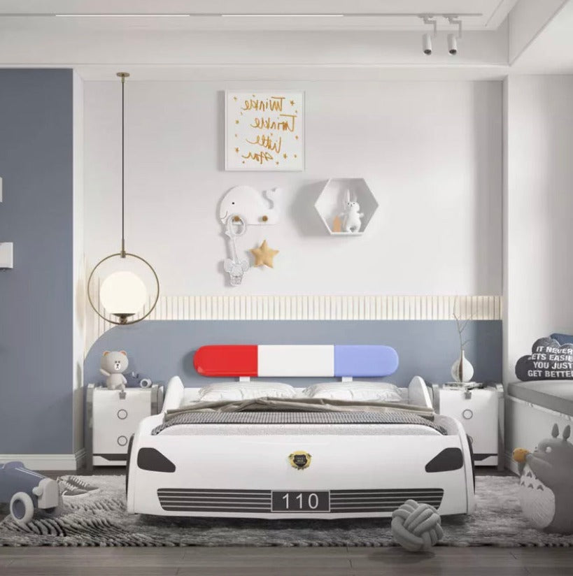 Ensemble de lits pour enfants en forme de voiture de Police bleue, lits pour enfants, taille double, bois massif, voiture Kinder 