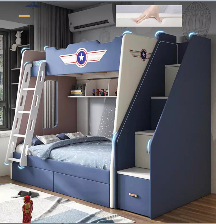 Camas para niños, litera azul de madera maciza estilo Capitán América con escaleras de Arca, muebles para niños, litera Betten