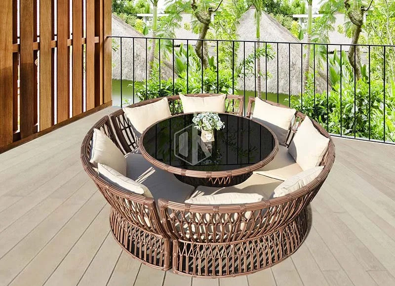 Outdoor Furniture Set Backyard Balcony Rattan Cane Wicker Round Shape Couch Set