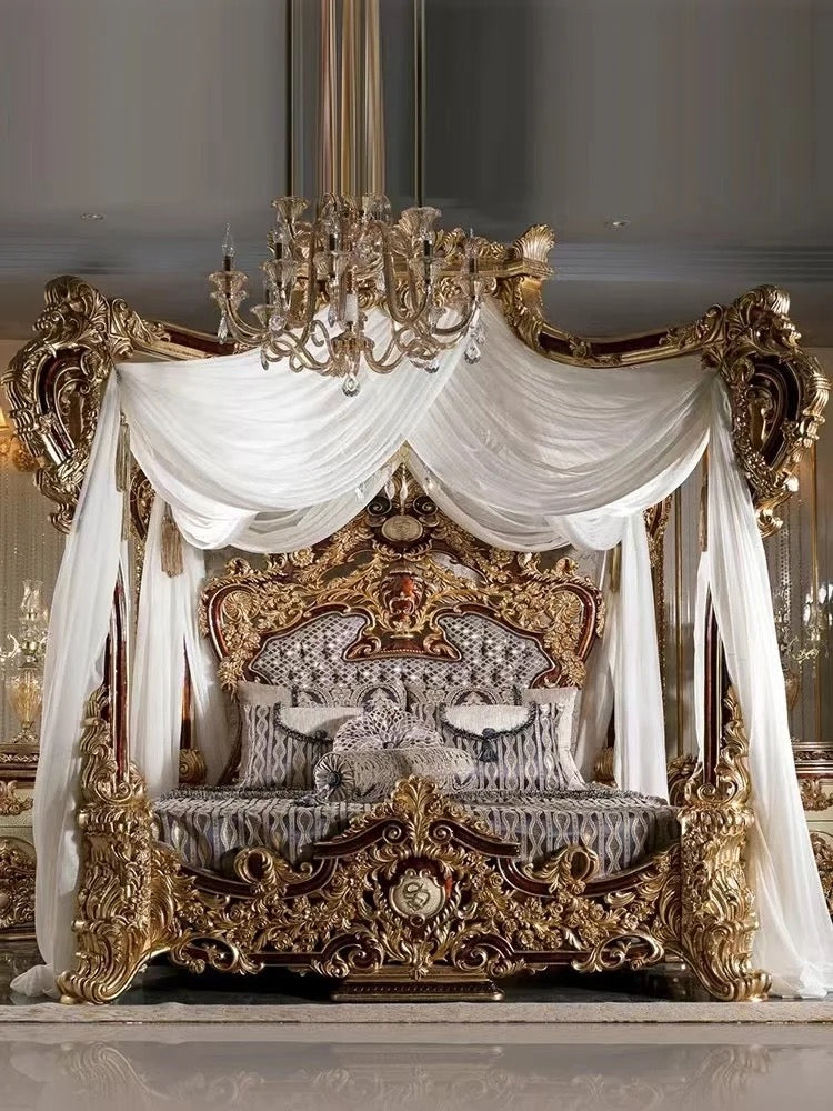 Muebles de dormitorio, juego de cama con dosel tamaño king, antiguo, clásico, hecho a mano, muebles de madera de diseño de lujo 