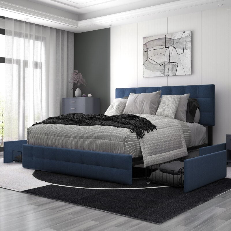 Bed Box Spring Double Bed With Slatted Base Height Adjustable Headboard Square Stitching Design Bed