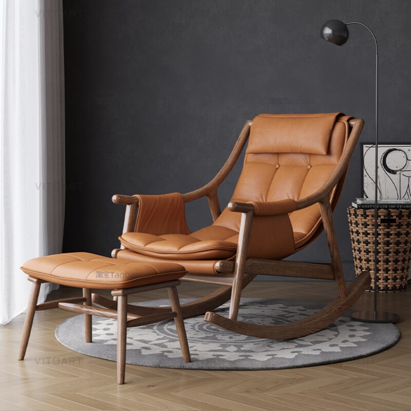 Rocking Chair Nordic Solid Wood Leather Schaukelstühle Single Designer Lounge Chair 