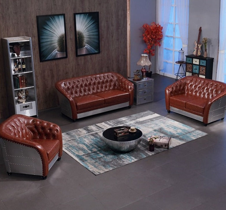 Sofa Vintage Luxury Living Room Industrial Leather 3-Sitzer Sofas Metal Aircraft Aluminium Aviator Sofa
