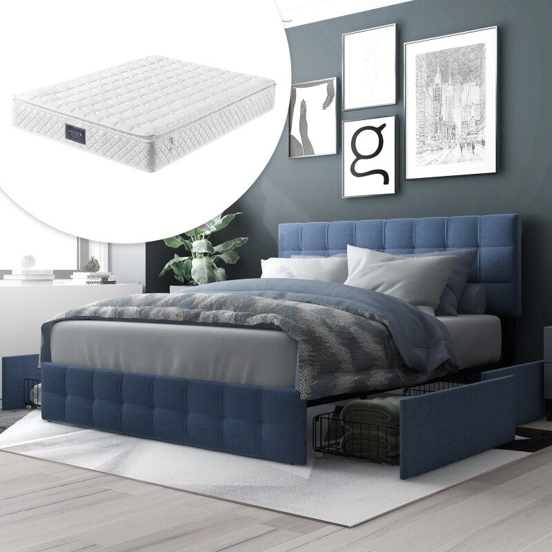 Bed Box Spring Double Bed With Slatted Base Height Adjustable Headboard Square Stitching Design Bed