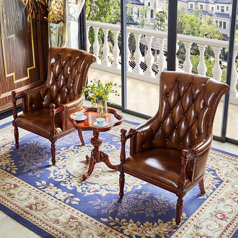 Chesterfield Chair Leather Single Luxury Solid Wood Tiger Sessel European Leisure Set