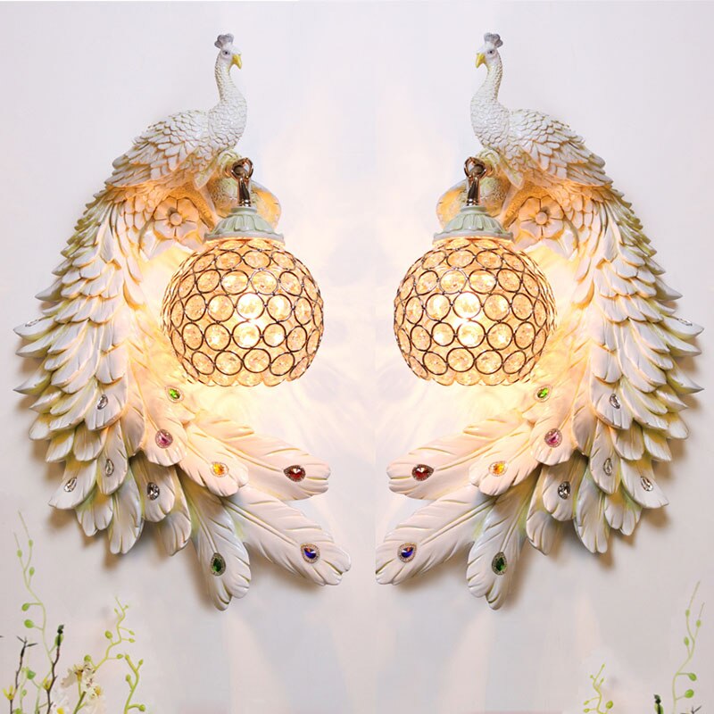 Lámparas de pared Modern Twins Peacock Luces de pared de metal de cristal colorido