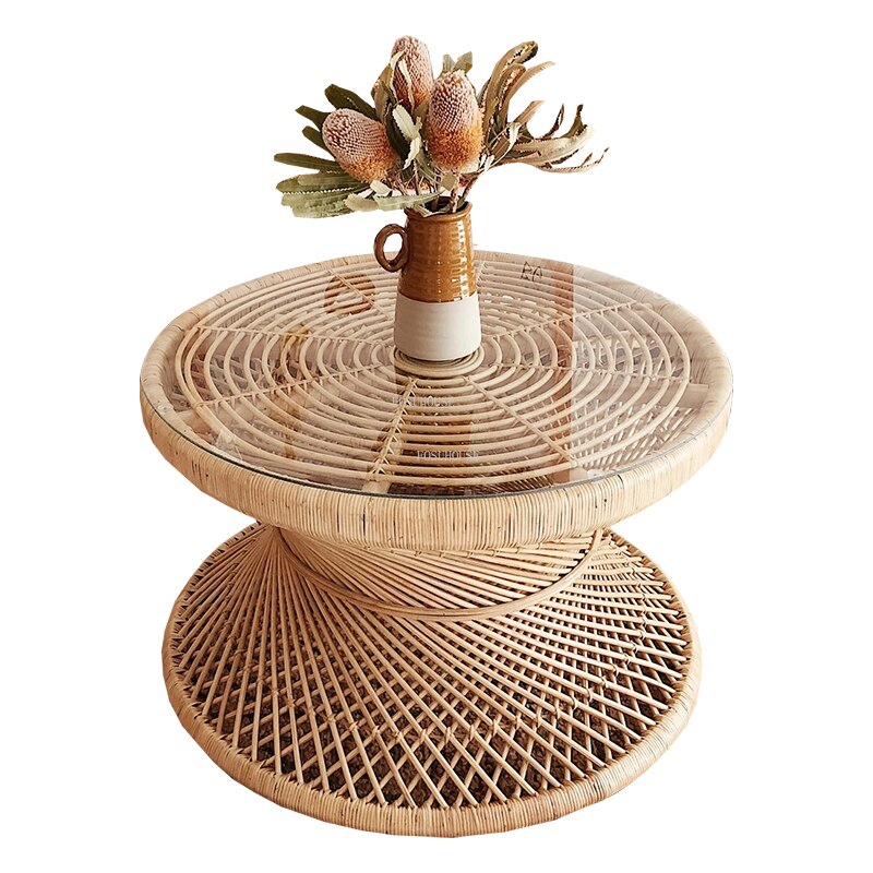 Coffee Table Retro Rattan Tisch Modern Couchtisch Small Rounded Side Table