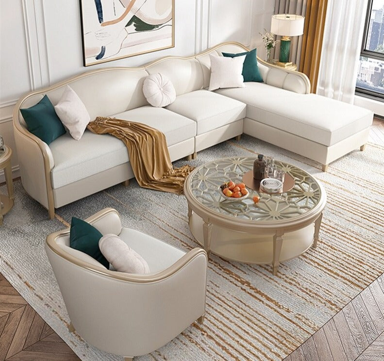 French Provincial Solid Wood Leather Sofa Set Living Room Furniture Sofagarnituren