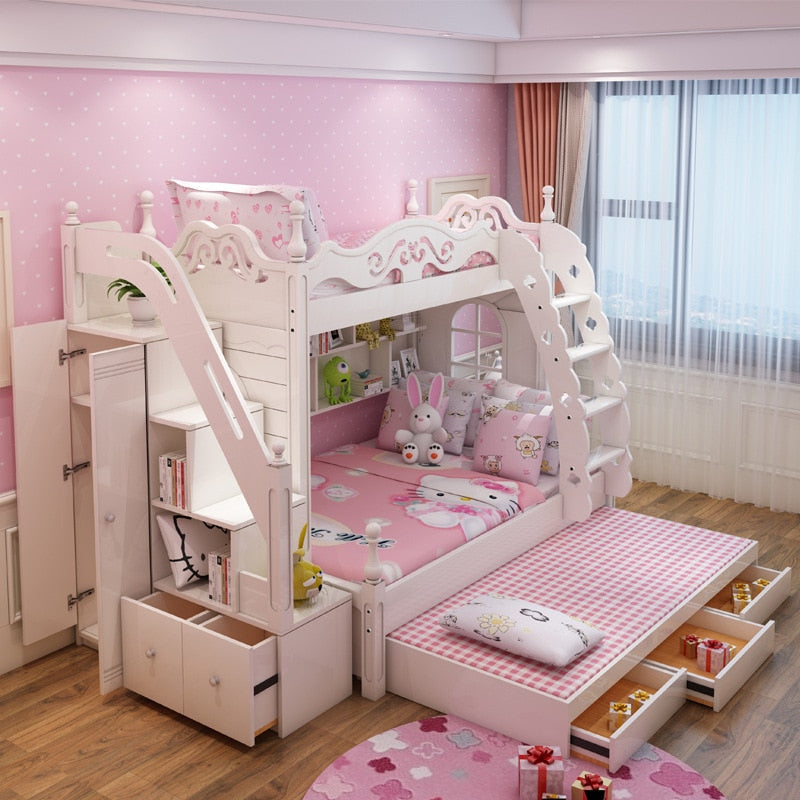 Gabinete de cama para niños, litera de madera, escalera, gabinete deslizante, cama para niñas