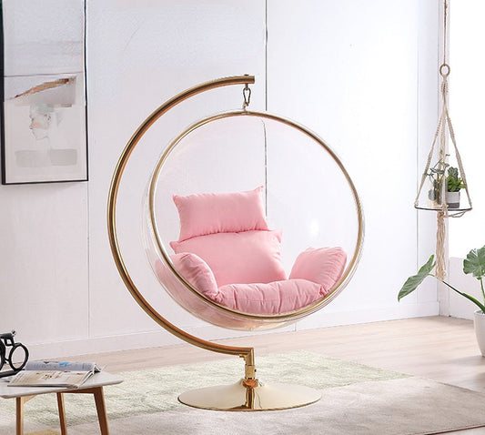 Sillas fantasma, sillas colgantes transparentes, soporte de suelo oscilante, silla de burbuja acrílica dorada con soporte